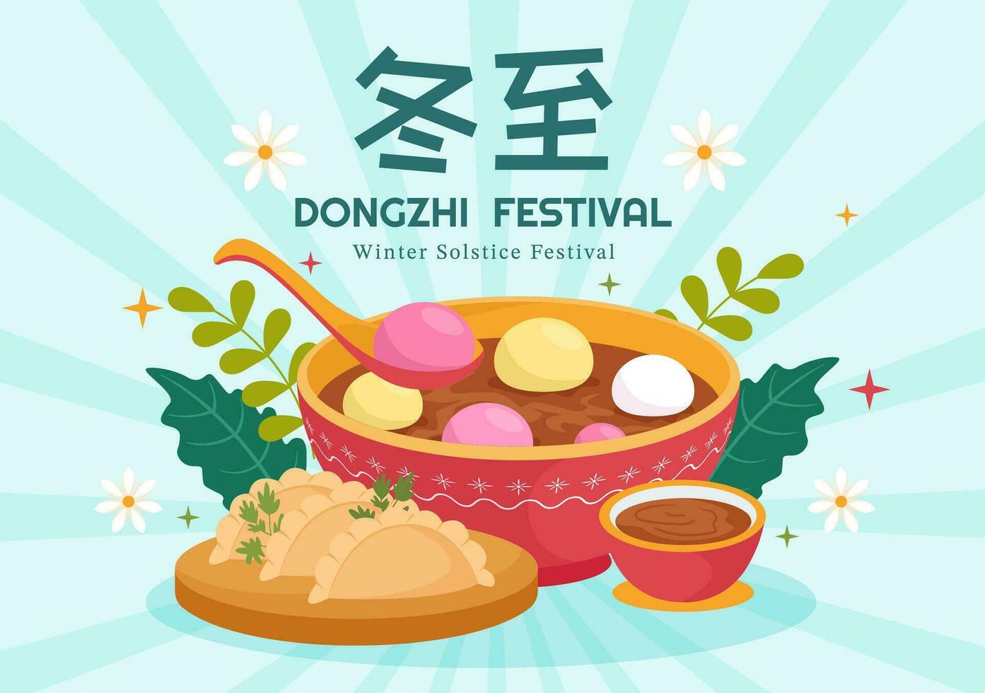 Dongzhi o invierno solsticio festival vector ilustración en diciembre 22 con chino comida tangyuan y jiaozi en plano dibujos animados antecedentes diseño