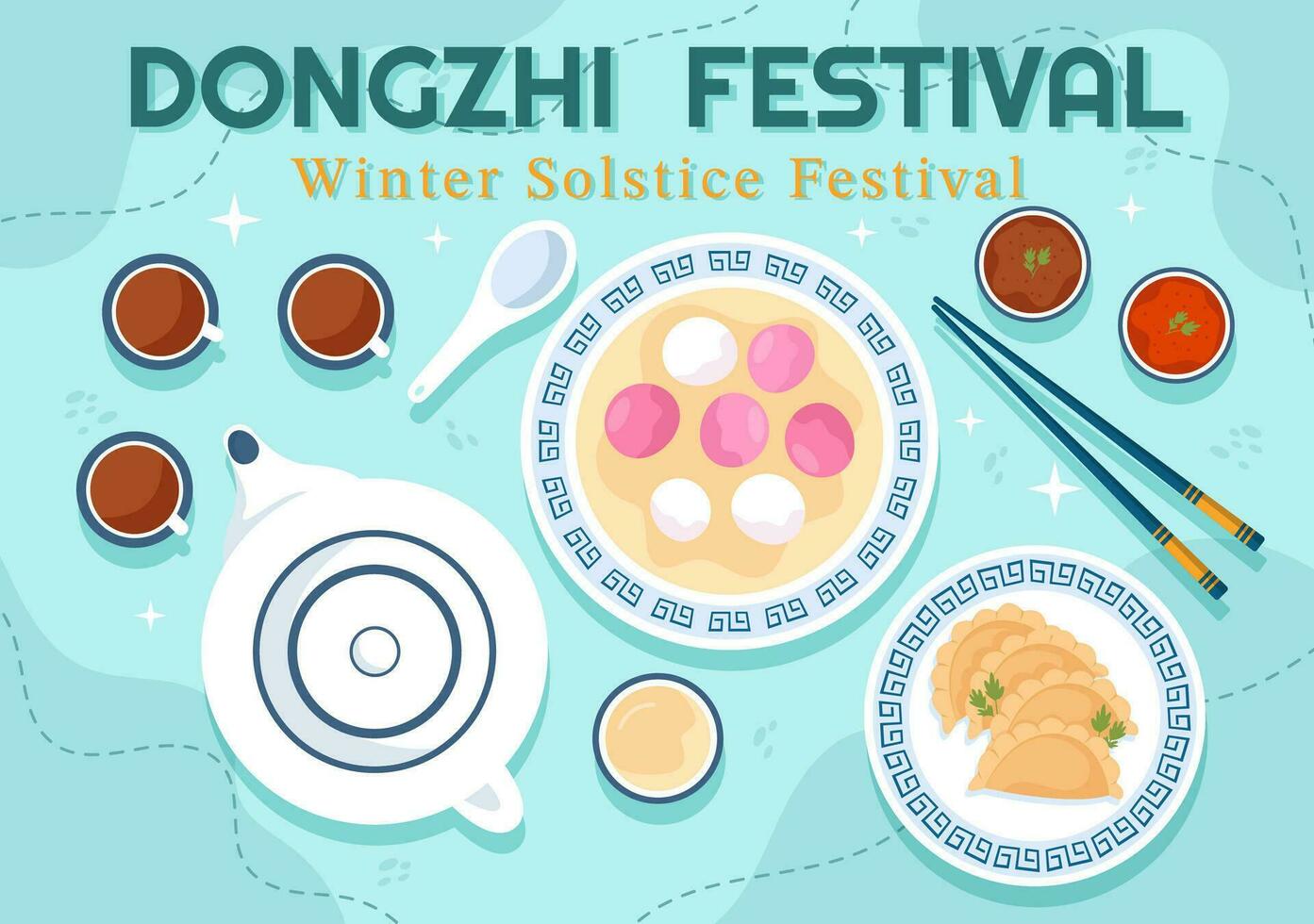 Dongzhi o invierno solsticio festival vector ilustración en diciembre 22 con chino comida tangyuan y jiaozi en plano dibujos animados antecedentes diseño