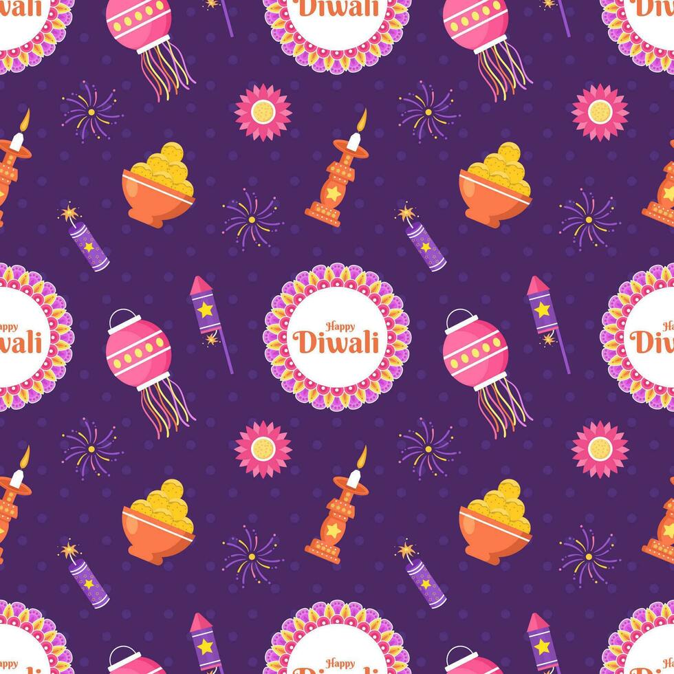 Happy Diwali Seamless Pattern Illustration Design with Light Festival of India Ornament in Cartoon Hand Drawn Template vector