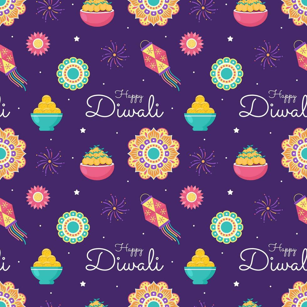 Happy Diwali Seamless Pattern Illustration Design with Light Festival of India Ornament in Cartoon Hand Drawn Template vector