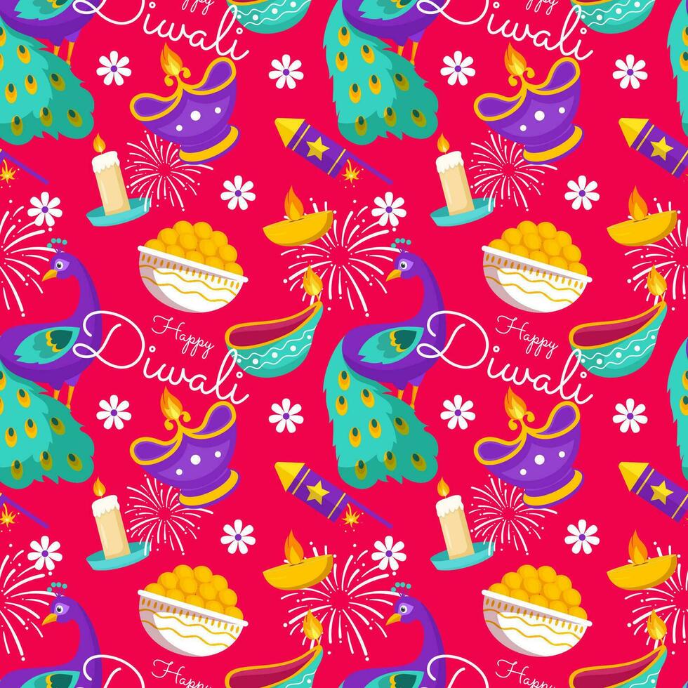 Happy Diwali Seamless Pattern Illustration Design with Light Festival of India Ornament in Cartoon Hand Drawn Template vector
