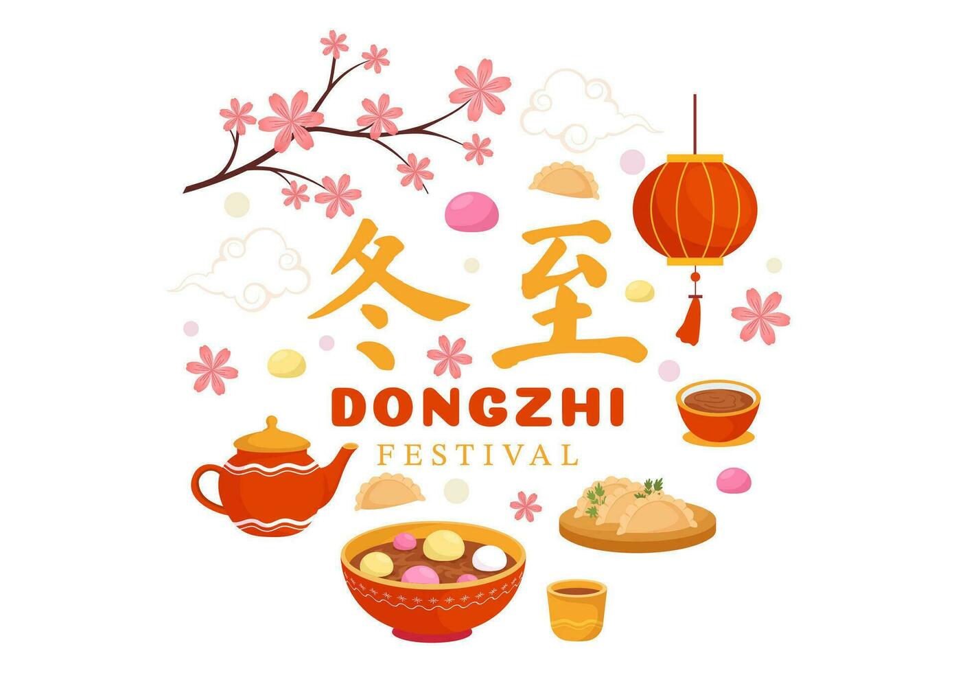 Dongzhi o invierno solsticio festival vector ilustración en diciembre 22 con chino comida tangyuan y jiaozi en plano dibujos animados antecedentes diseño