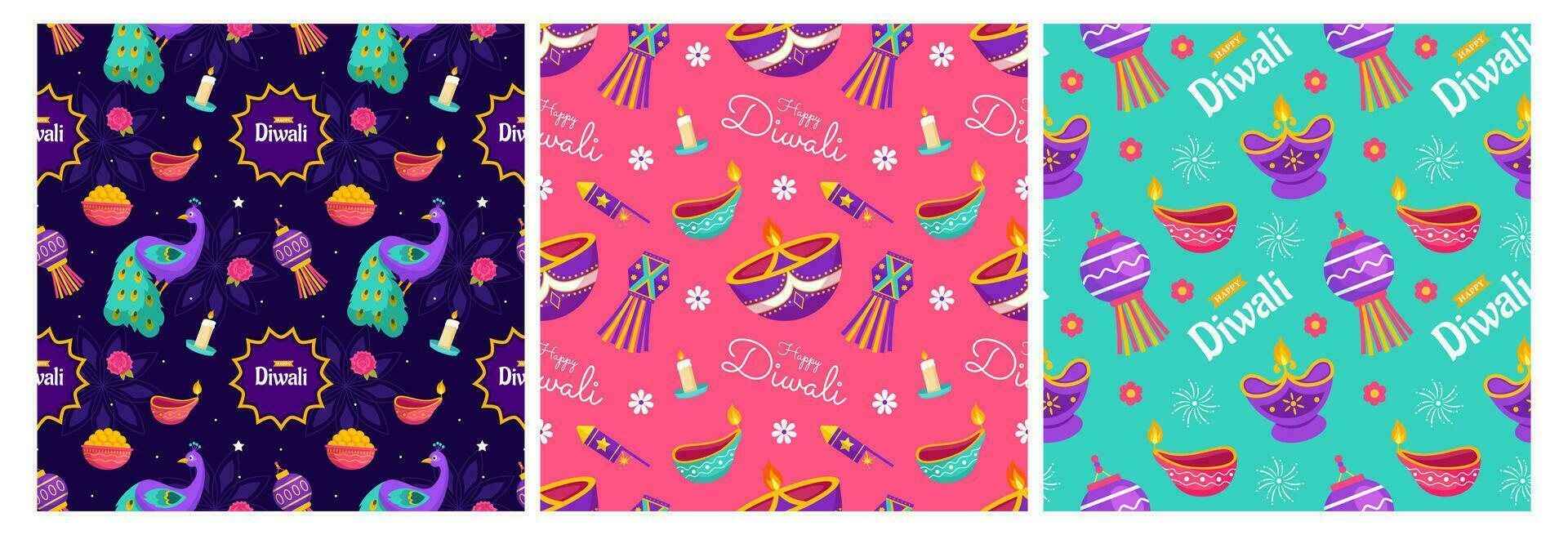 Set of Happy Diwali Seamless Pattern Illustration Design with Light Festival of India Ornament in Cartoon Hand Drawn Template vector