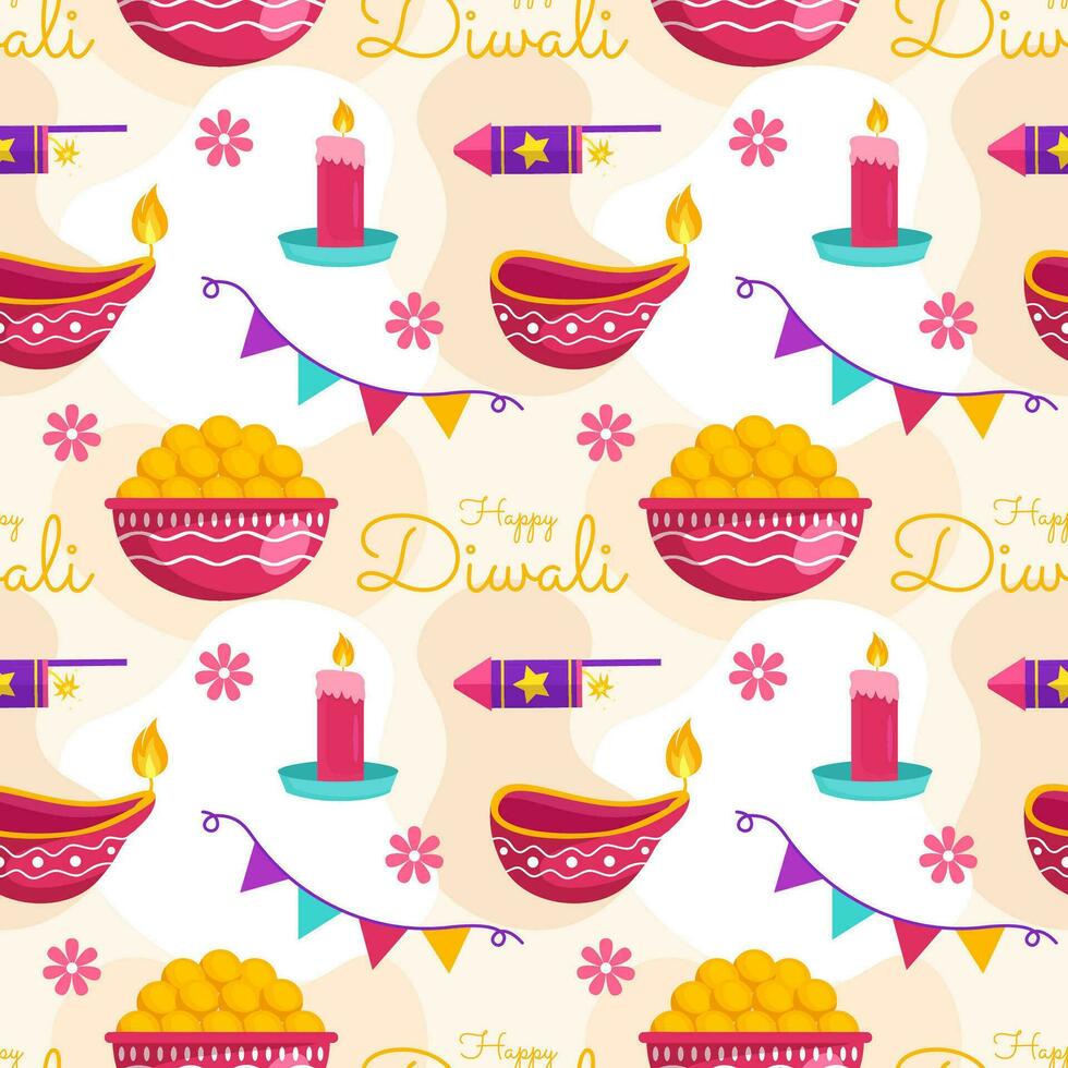 Happy Diwali Seamless Pattern Illustration Design with Light Festival of India Ornament in Cartoon Hand Drawn Template vector