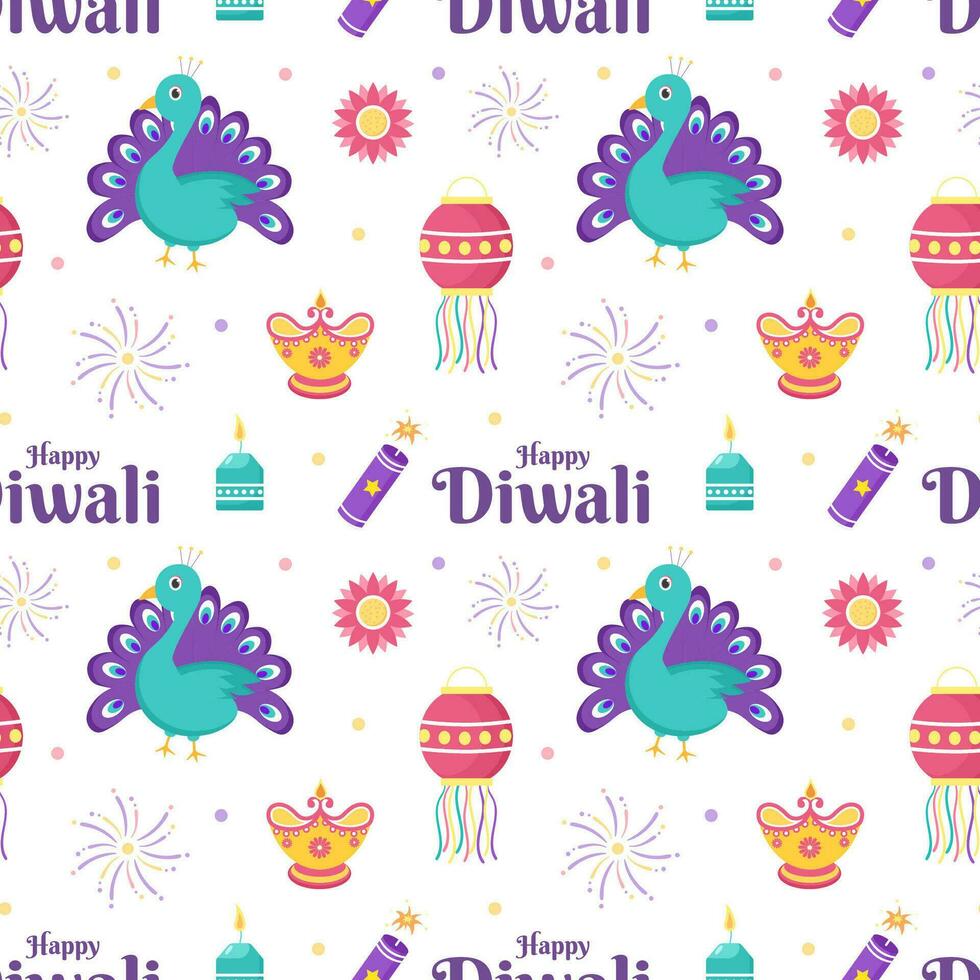 Happy Diwali Seamless Pattern Illustration Design with Light Festival of India Ornament in Cartoon Hand Drawn Template vector