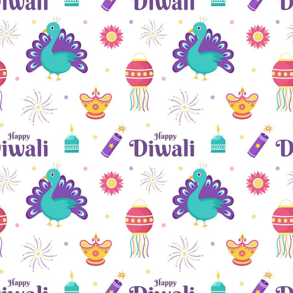 contento diwali sin costura modelo ilustración diseño con ligero festival de India ornamento en dibujos animados mano dibujado modelo vector