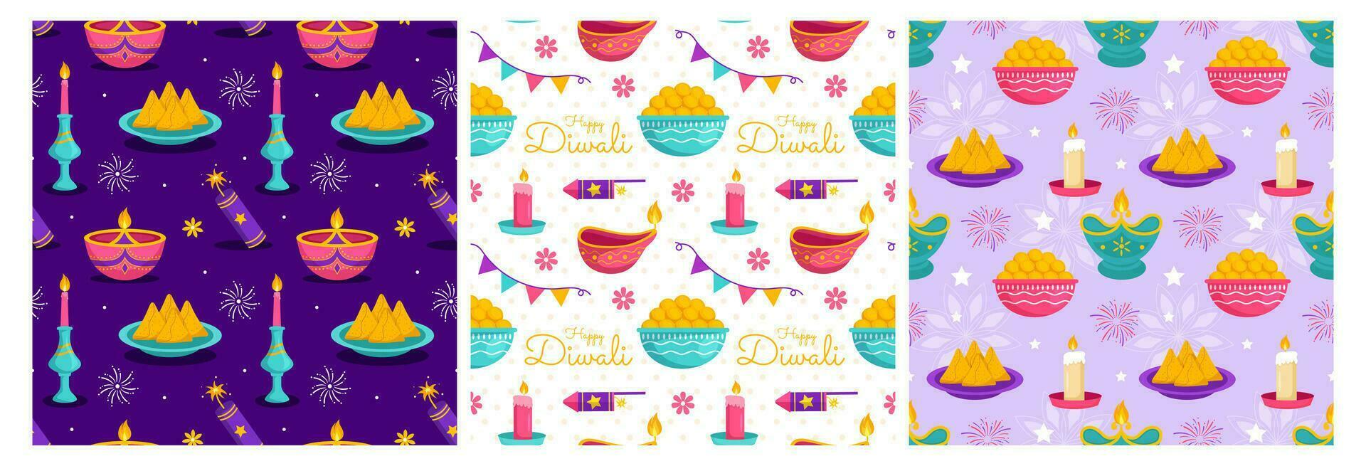 conjunto de contento diwali sin costura modelo ilustración diseño con ligero festival de India ornamento en dibujos animados mano dibujado modelo vector