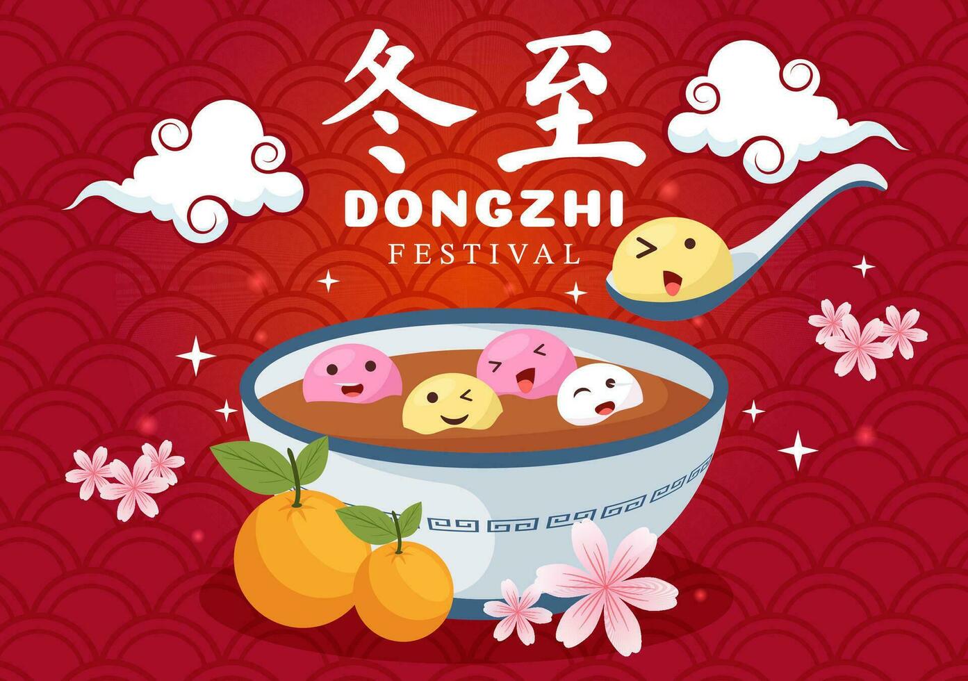 Dongzhi o invierno solsticio festival vector ilustración en diciembre 22 con chino comida tangyuan y jiaozi en plano dibujos animados antecedentes diseño