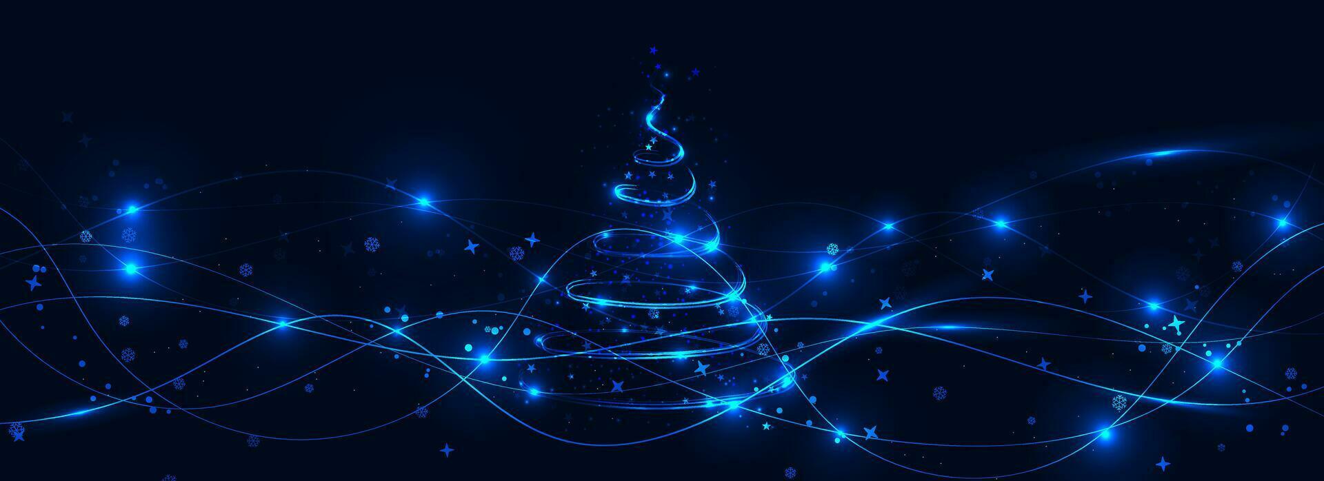 Shine spiral blue Christmas tree with stars, snowflakes and glittering particles. Abstract shiny glowing sparkling wavy lines. Vector illustration.