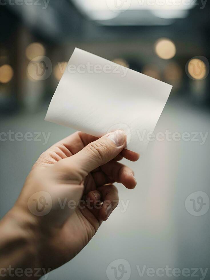 a hand holding a piece of plain white paper with a blurry background, AI generated. photo