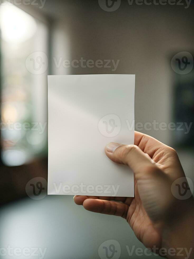 a hand holding a piece of plain white paper with a blurry background, AI generated. photo