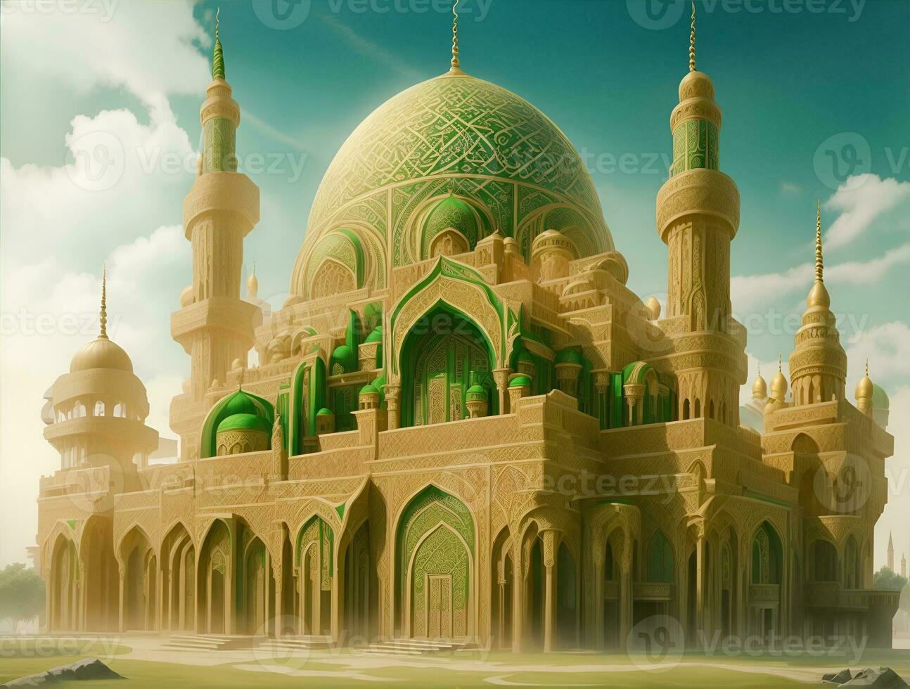 beautiful and luxurious mosque building, dominant colors green and gold, AI generated photo