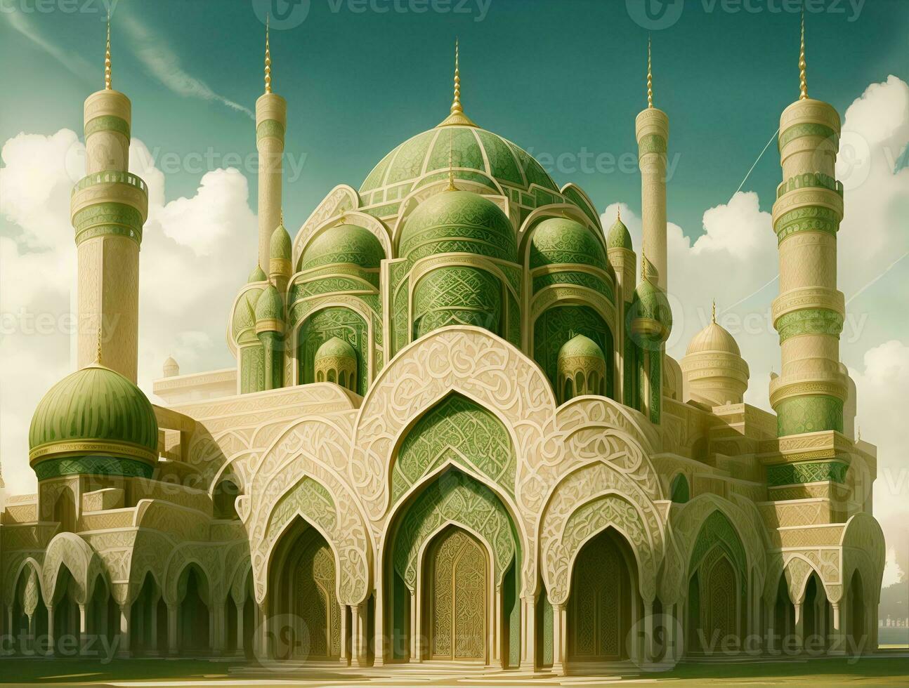 beautiful and luxurious mosque building, dominant colors green and gold, AI generated photo