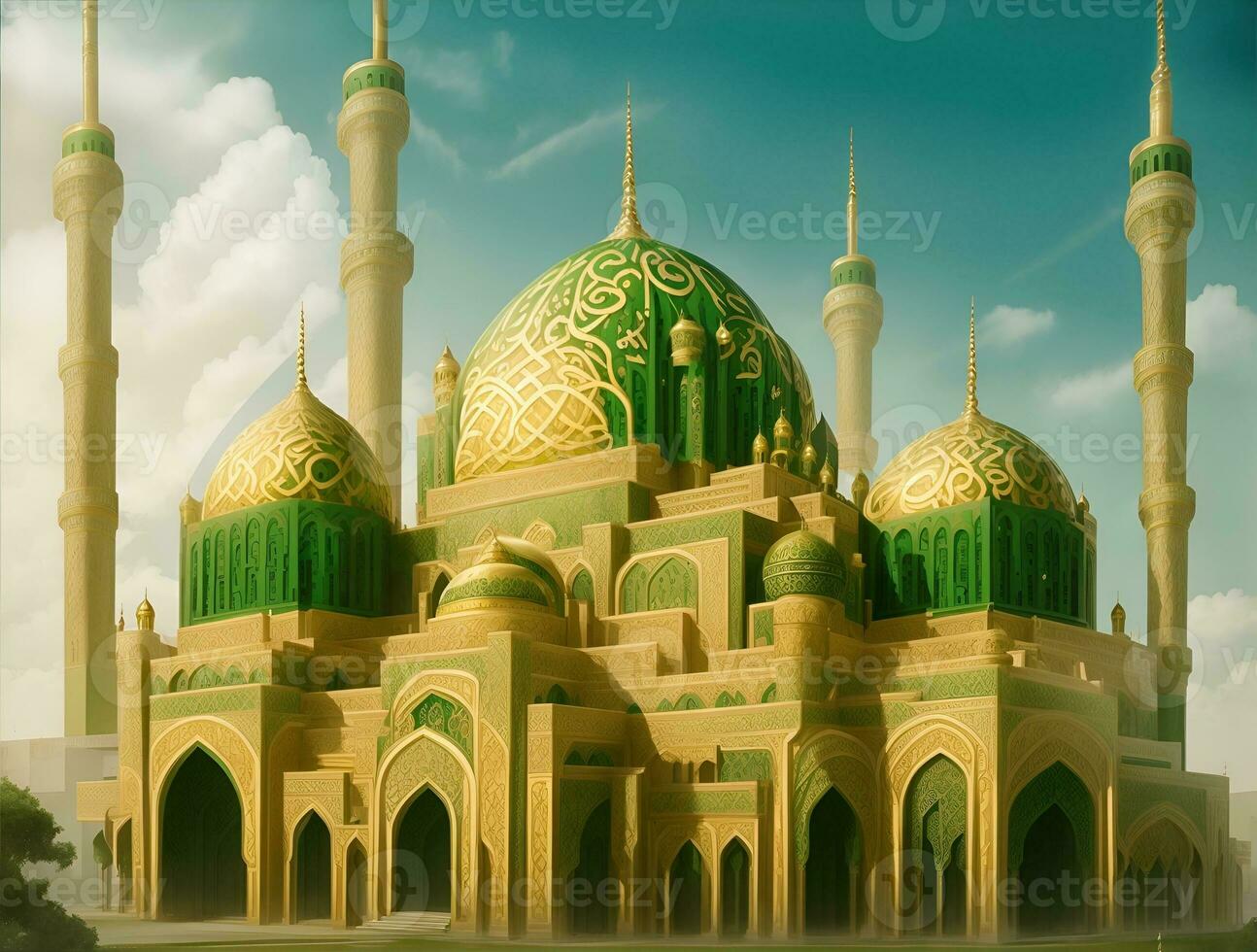 beautiful and luxurious mosque building, dominant colors green and gold, AI generated photo