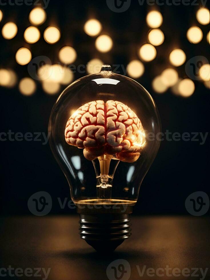 a brain inside a light bulb glows brightly against a dark background, AI generated. photo