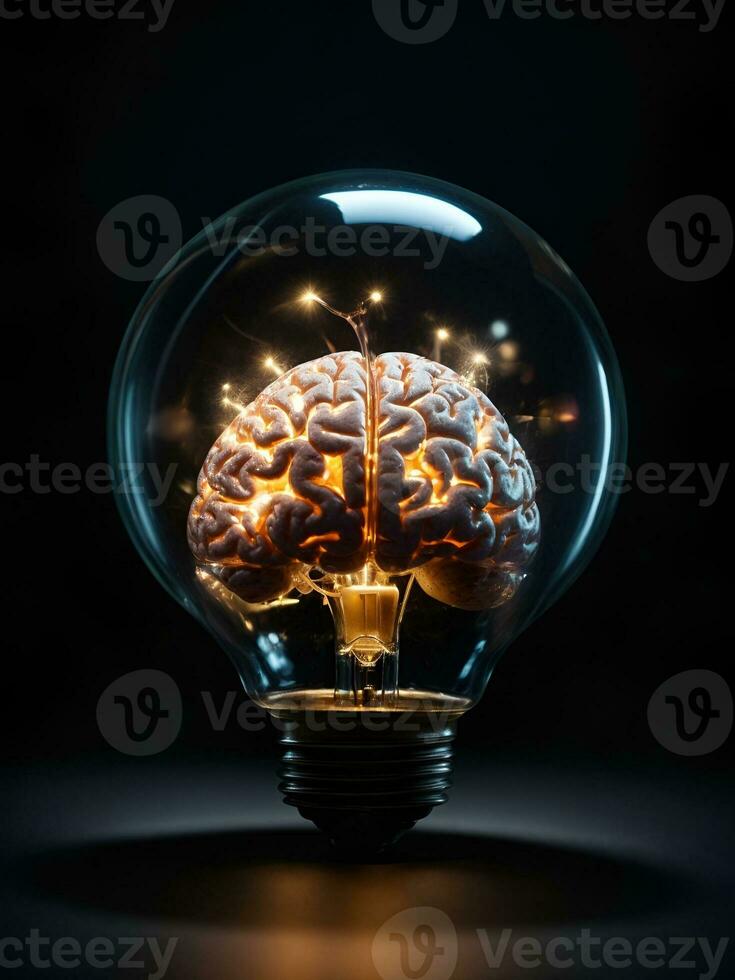 a brain inside a light bulb glows brightly against a dark background, AI generated. photo