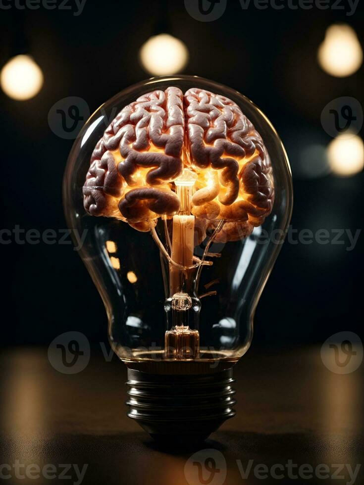 a brain inside a light bulb glows brightly against a dark background, AI generated. photo