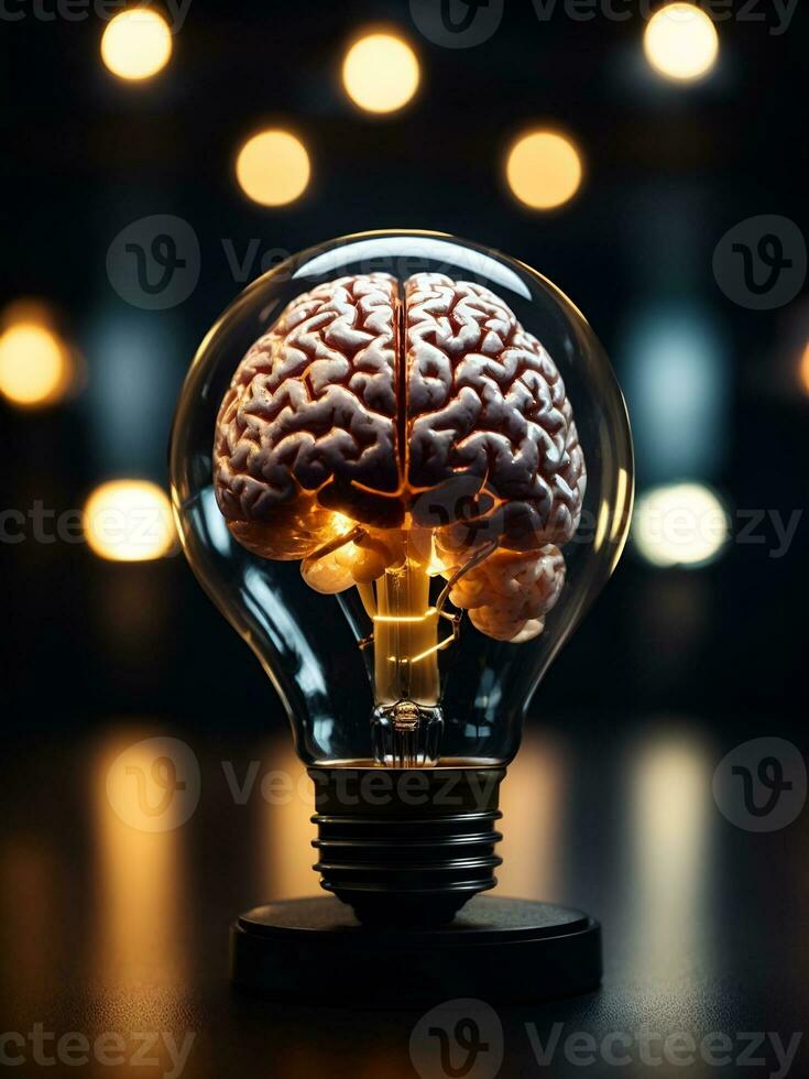 a brain inside a light bulb glows brightly against a dark background, AI generated. photo