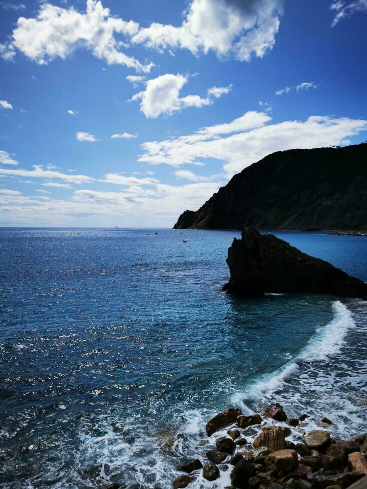 Photo of a serene landscape with a rocky shoreline and a majestic hill in the distance