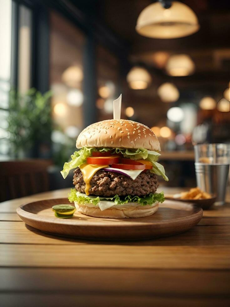 burger on table with cafe atmosphere, AI generated photo