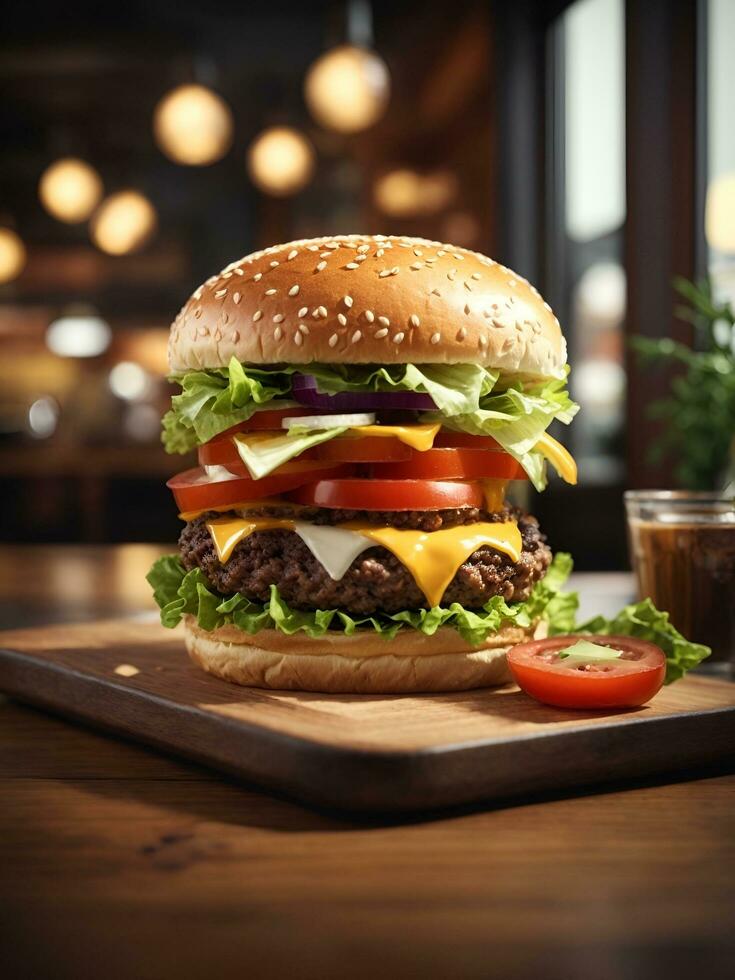 burger on table with cafe atmosphere, AI generated photo