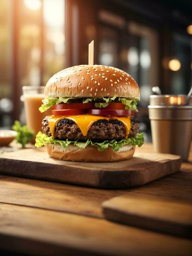 burger on table with cafe atmosphere, AI generated photo