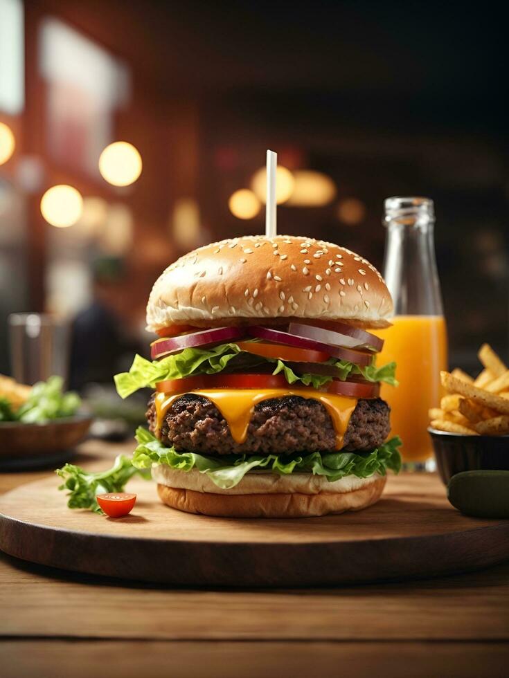 burger on table with cafe atmosphere, AI generated photo