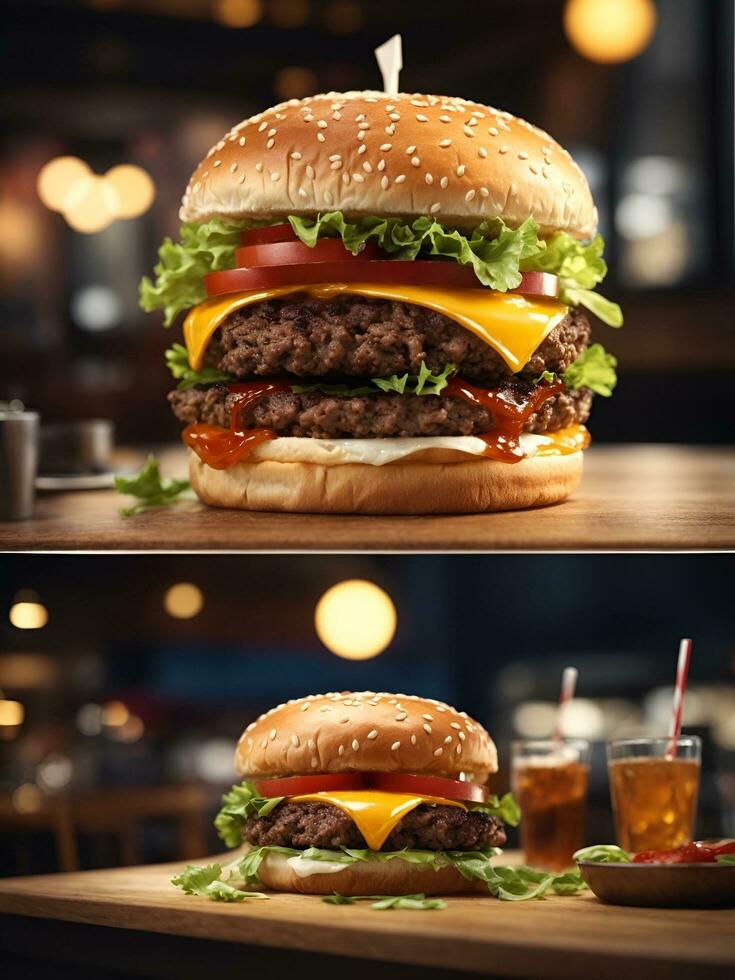burger on table with cafe atmosphere, AI generated photo