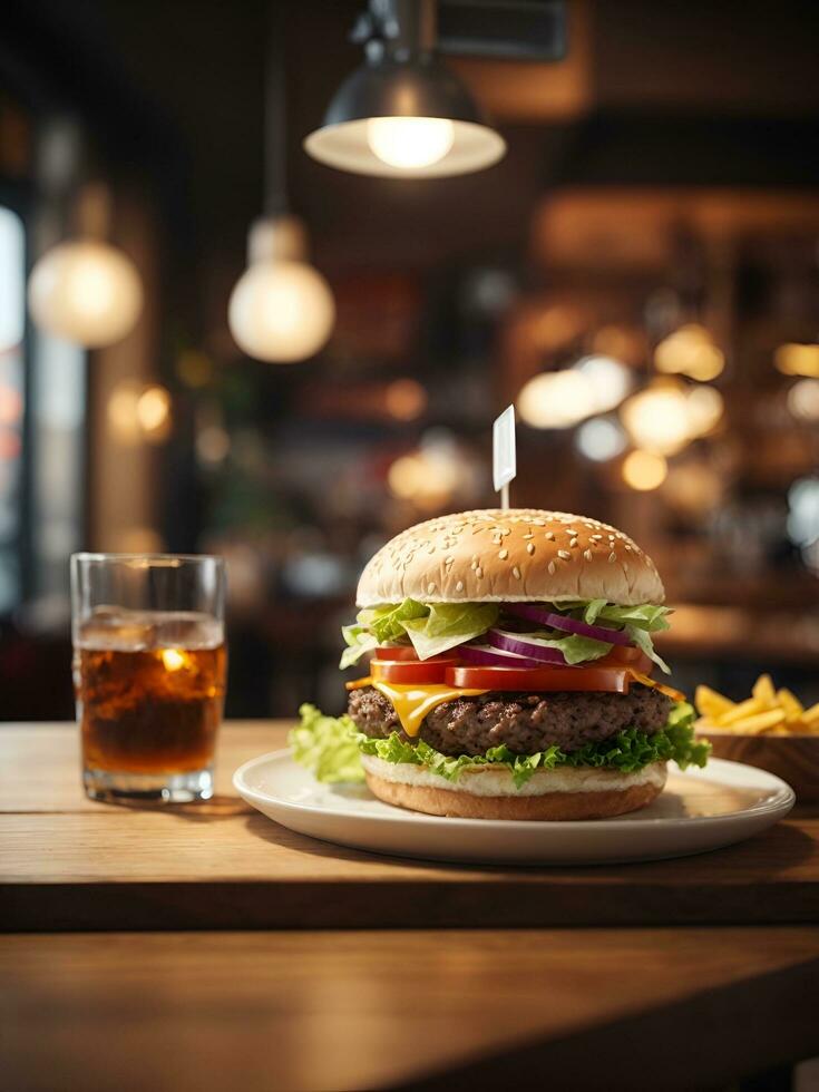 burger on table with cafe atmosphere, AI generated photo