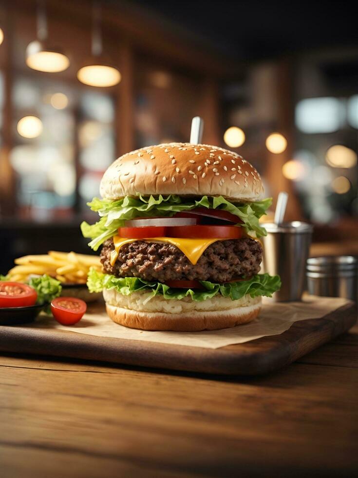 burger on table with cafe atmosphere, AI generated photo