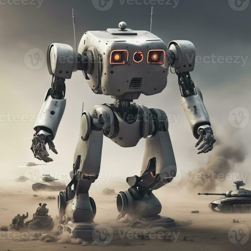 Ai generated content. Robot Warriors on the Frontline Futuristic Military Conflict photo