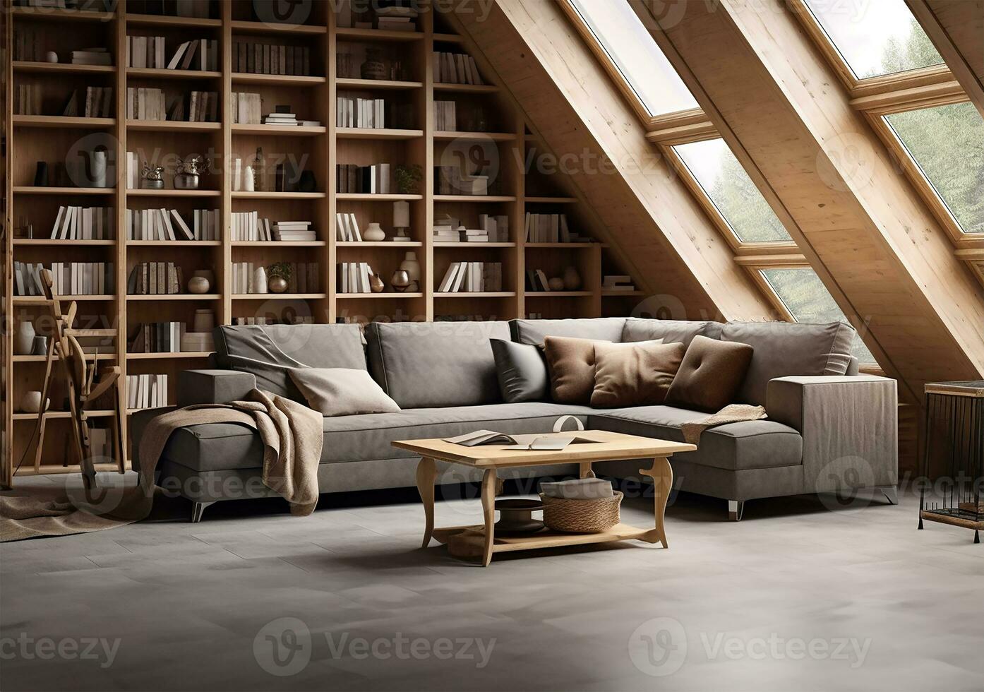 corner sofa placed against a shelving unit, set in a modern living room in the attic of a farmhouse. AI Generated photo