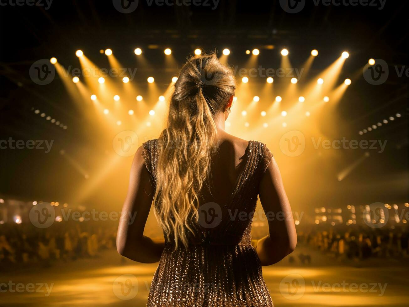 A beautiful female pop star singer performing on stage in a huge crowded stadium arena hall. AI Generated photo