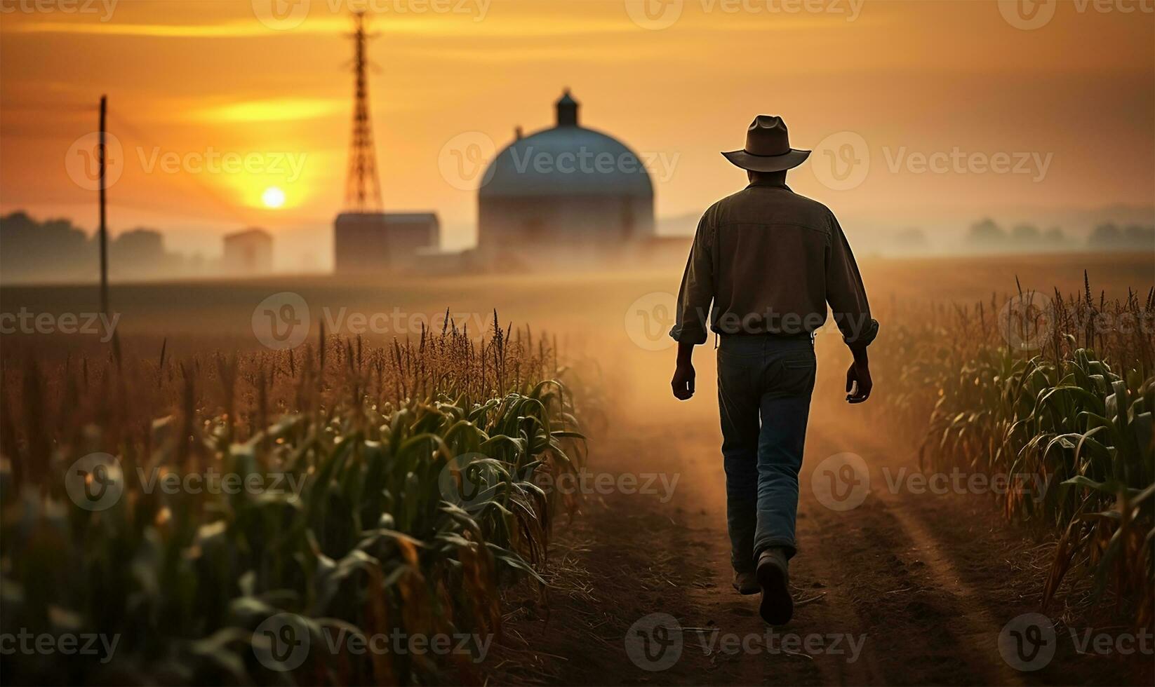 a farmer strides confidently through a corn field, the early dawn light casting a gentle glow over the tall stalks. AI Generated photo