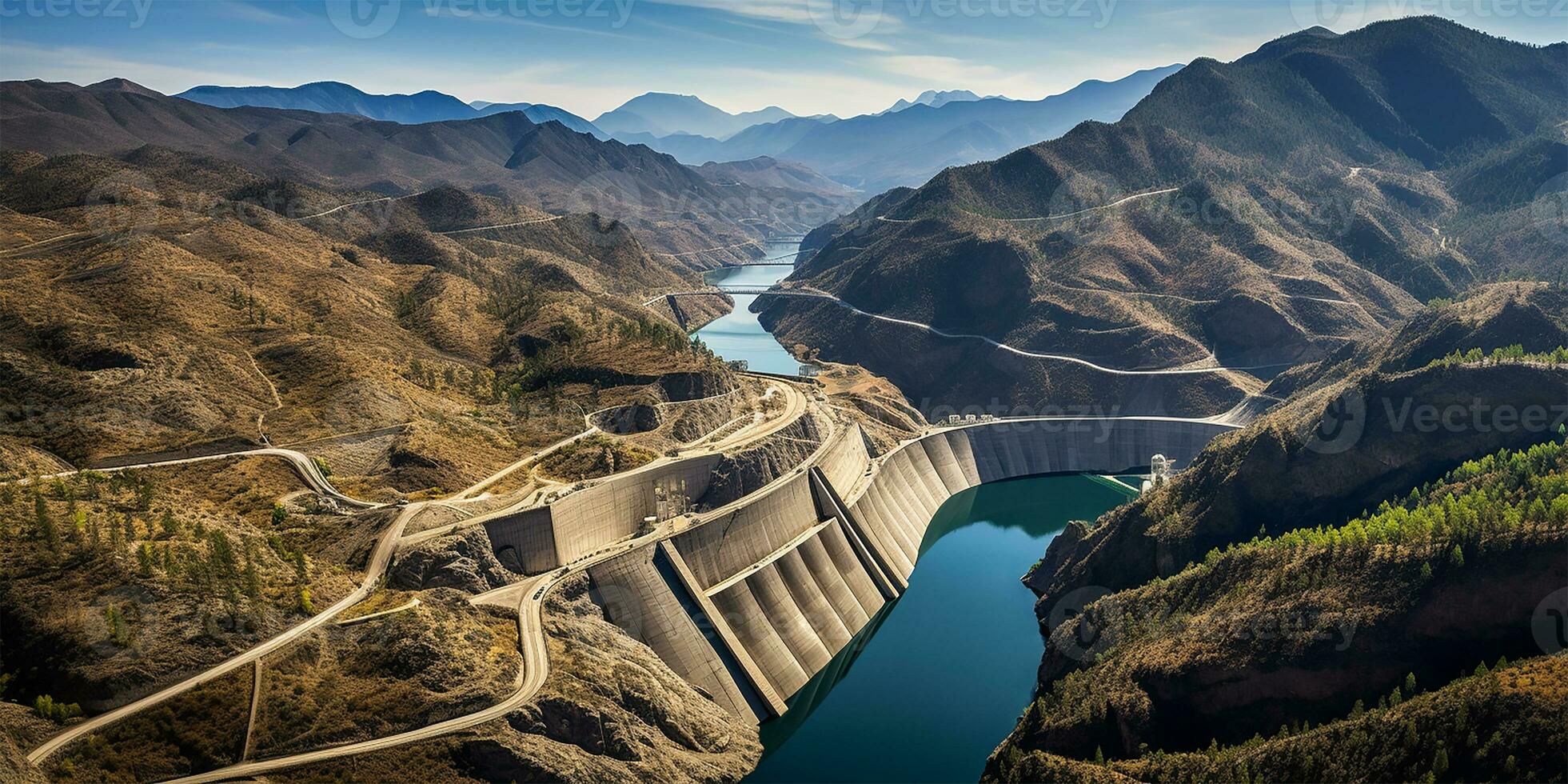 hidroeléctrico poder represa abarcando un río anidado en medio de escabroso montaña terreno. ai generado foto