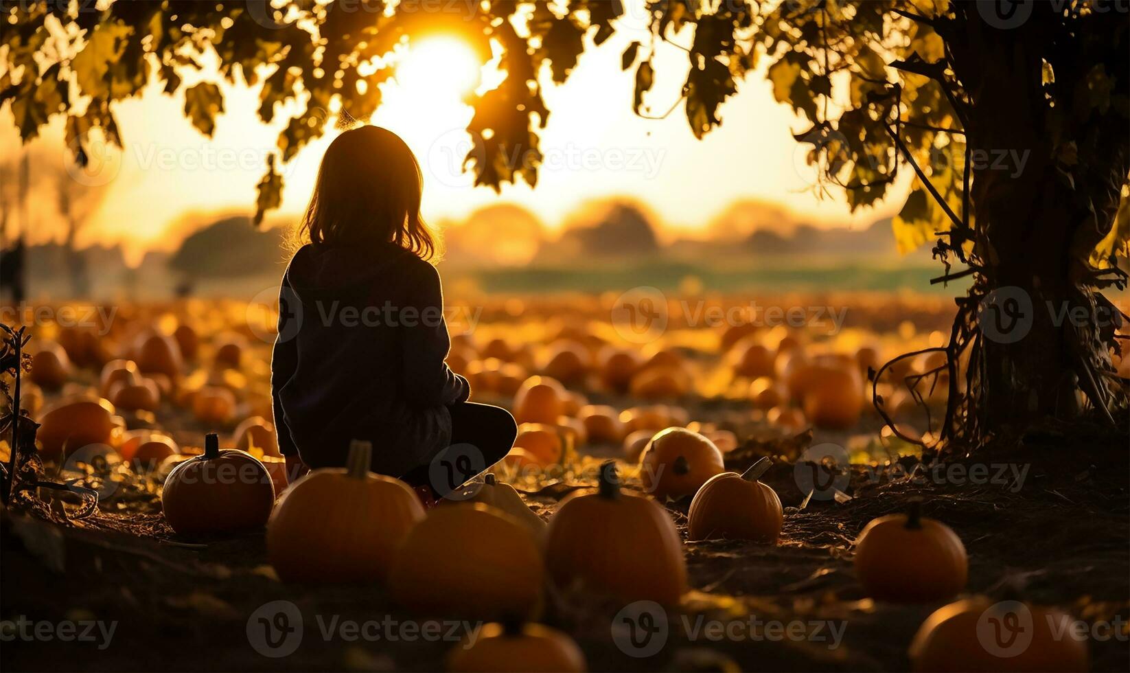 child, immersed in wonder, plays amidst a sea of pumpkins at a pumpkin farm during autumn. AI Generated photo
