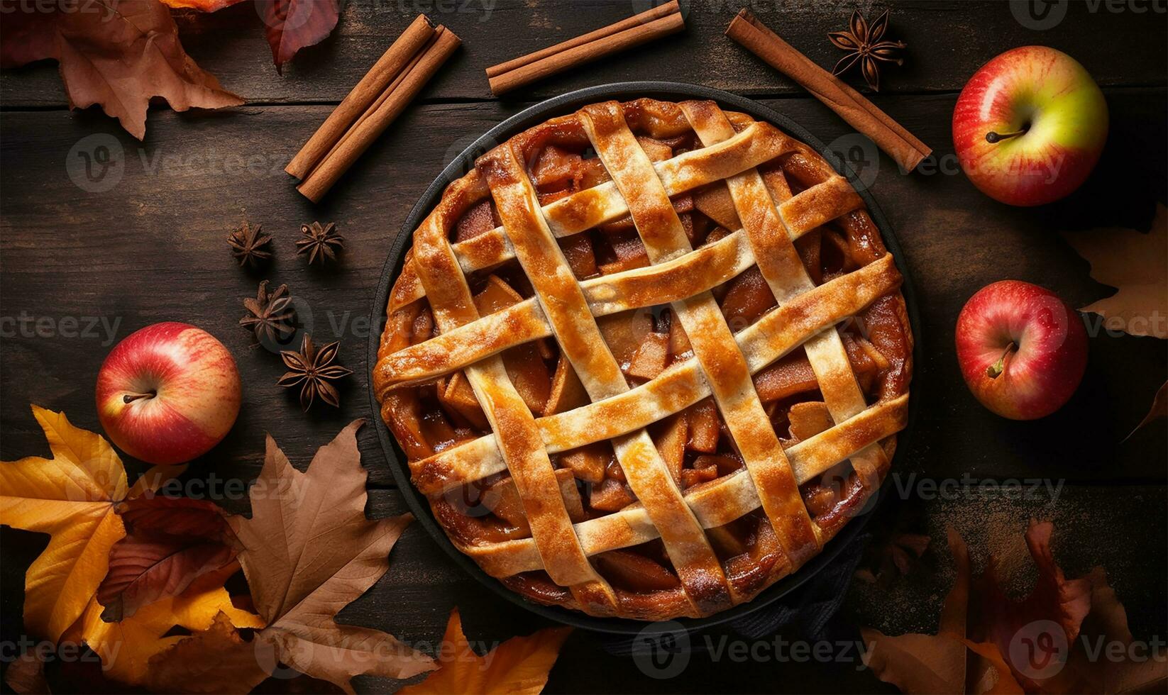 traditional apple pie, A delightful representation of fall with autumn leaves and a sprinkling of cinnamon. AI Generated photo