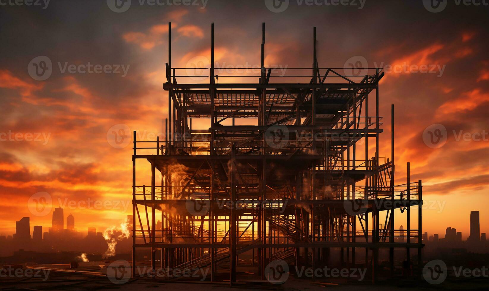 construction site of a large residential-commercial building with several floors already taking shape, juxtaposed against a metal framework. AI Generated photo