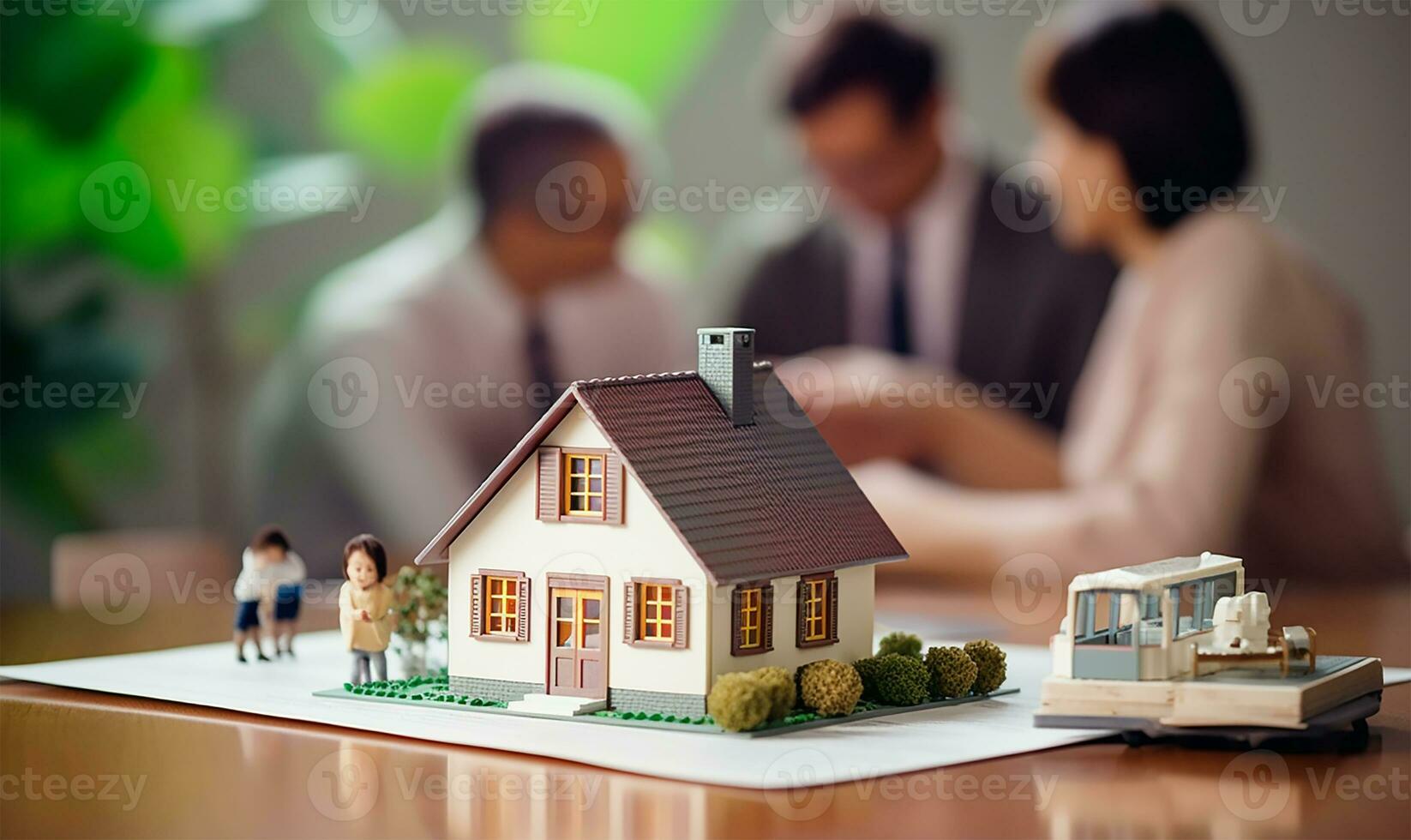Real estate agent signing a mortgage agreement with a happy young couple with a close-up of a miniature house in the foreground. AI Generated photo