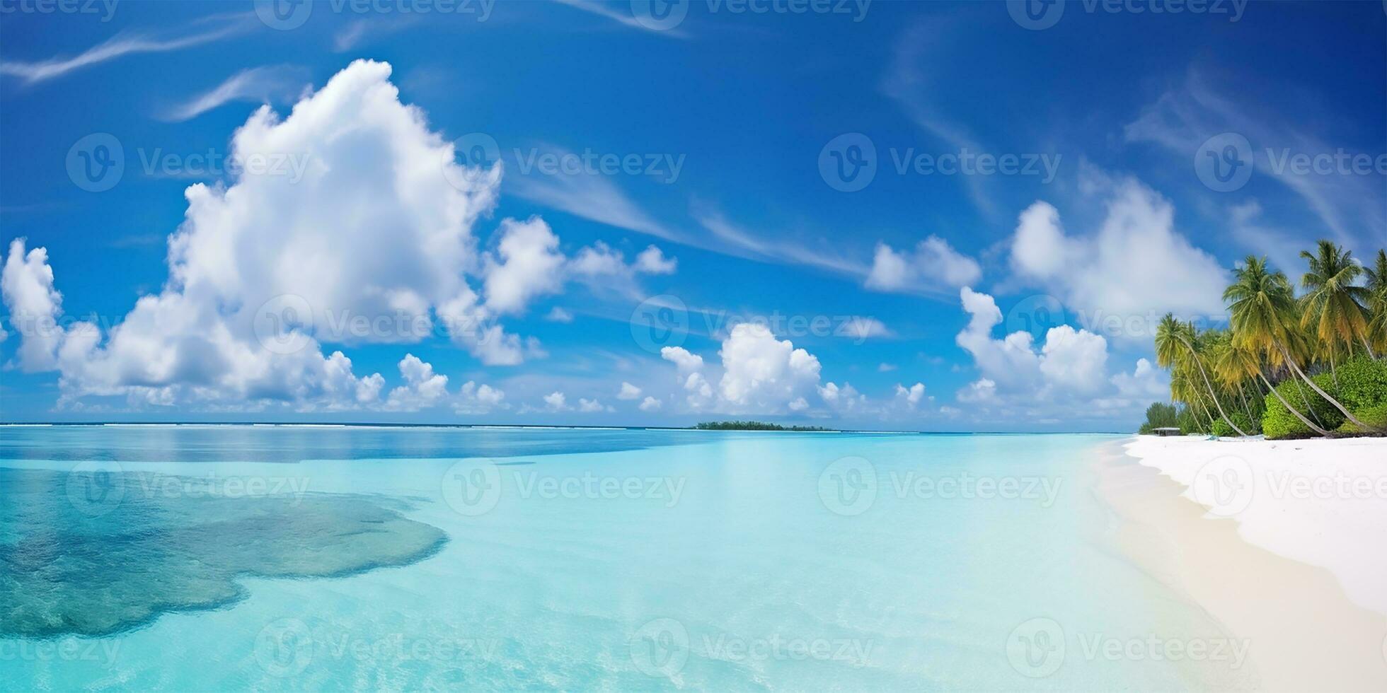 prístino arenoso playa con multa blanco arena reunión el amable rodar de turquesa Oceano ondas. ai generado foto