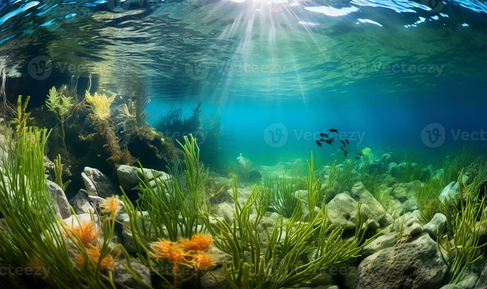 A seabed covered in lush green seagrass. AI Generated photo