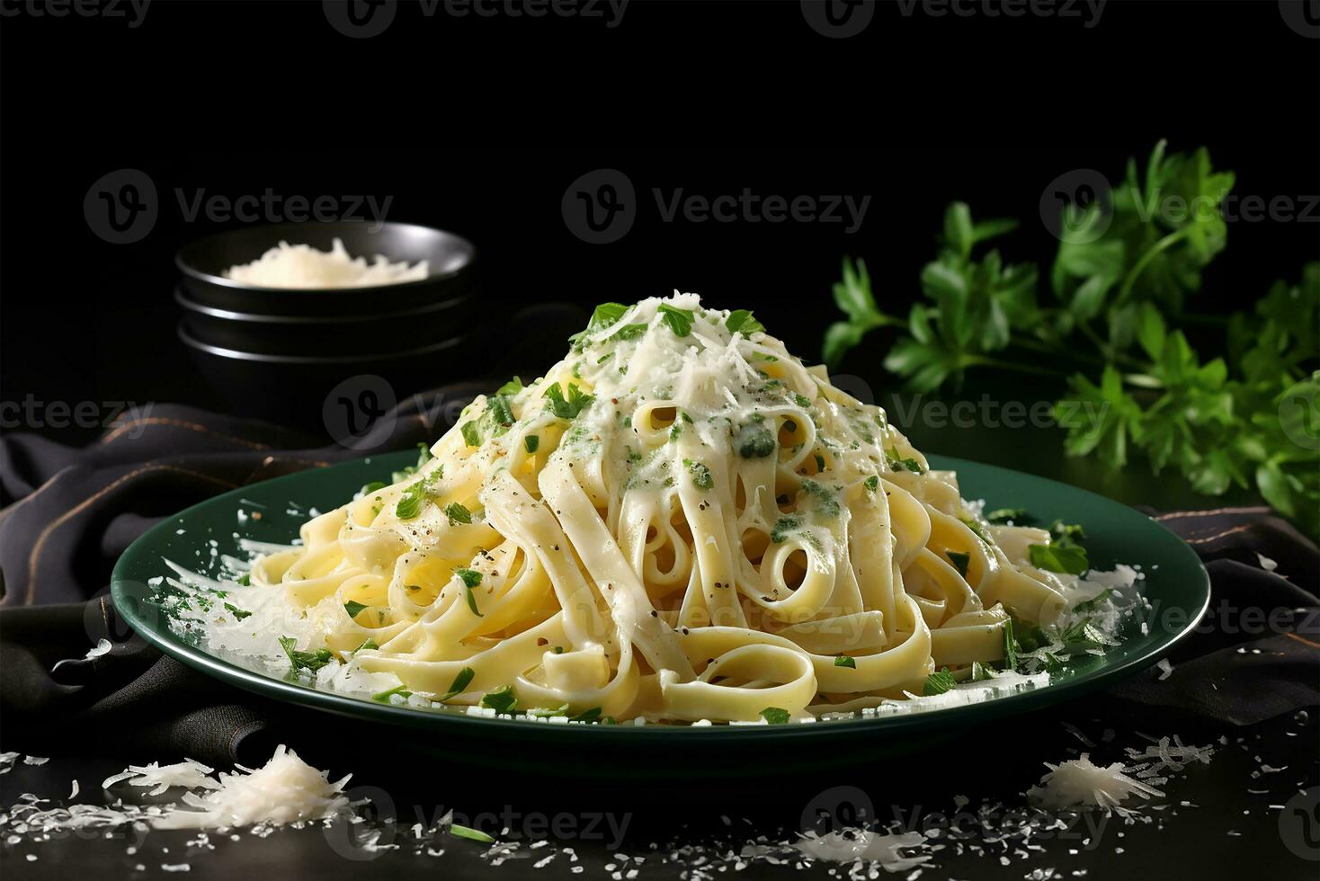 plato de Fettuccine Alfredo coronado con parmesano queso. ai generado foto