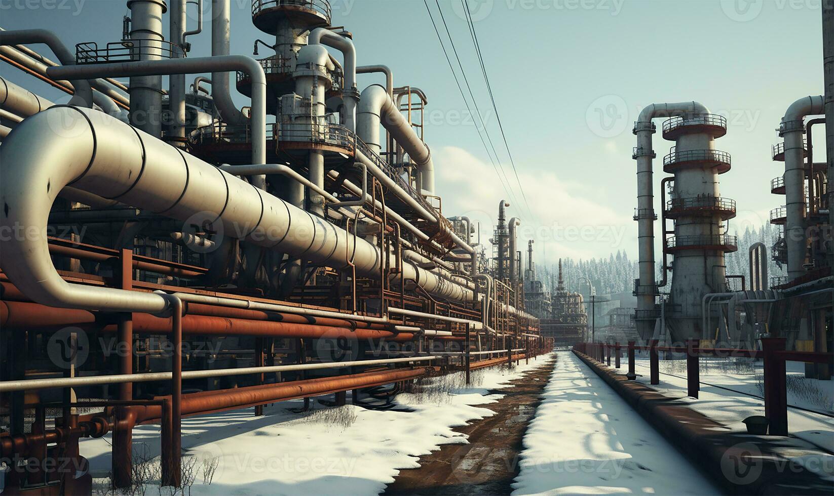 grande petróleo tubería y gas tubería involucrado en el proceso de petróleo refinando y el movimiento de petróleo y gas. ai generado foto