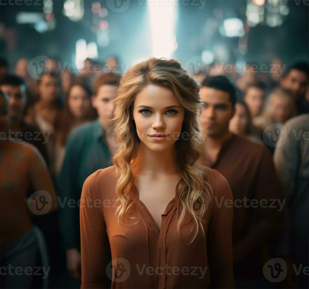 A woman distinctly looking at the camera amidst a large crowd of diverse people. AI Generated photo