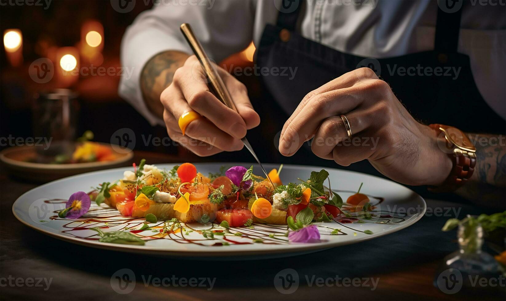 modern food stylist's hands artfully decorating a meal for presentation in a high-end restaurant. AI Generated photo