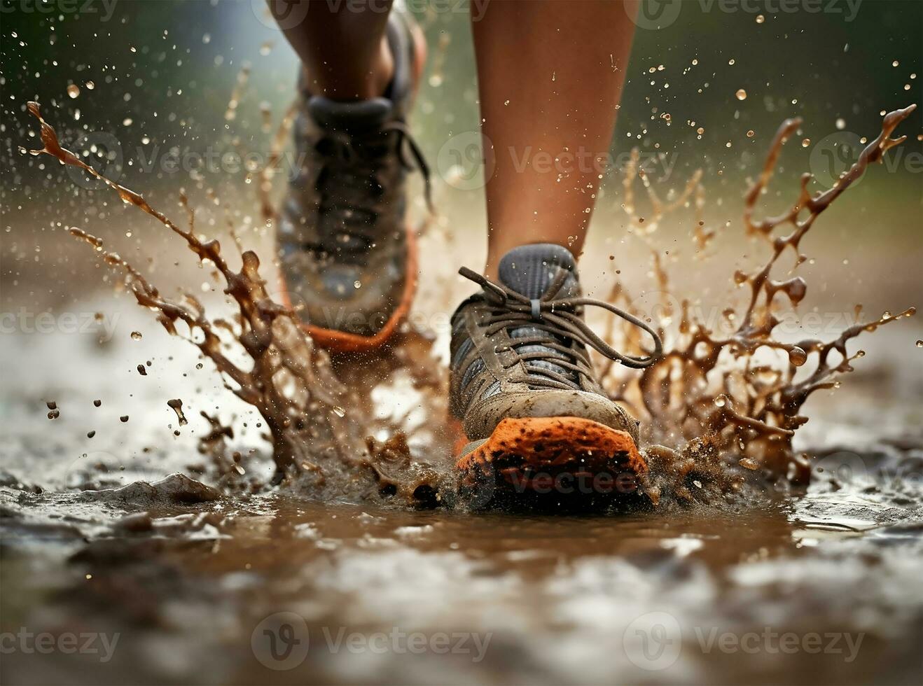 un bajo ángulo capturar el piernas y corriendo Zapatos de un joven mujer como ellos Huelga el mojado suelo. ai generado foto