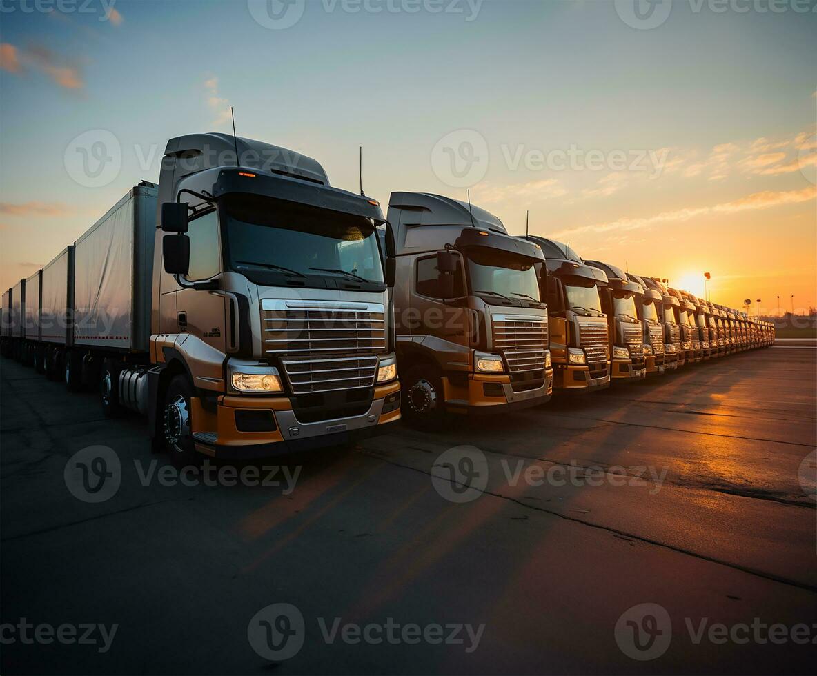 A row of parked trucks, silhouetted against the backdrop of a radiant sunrise. AI Generated photo