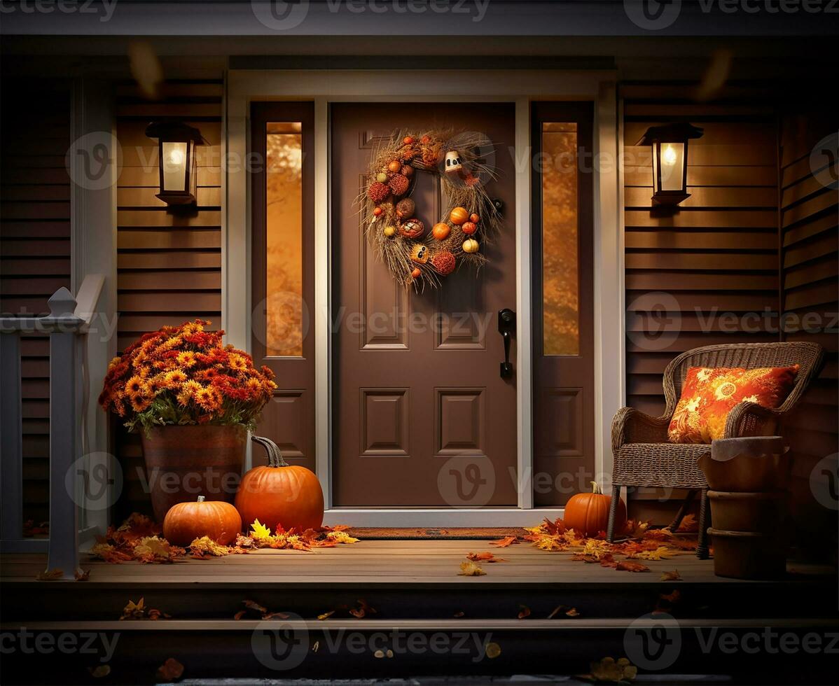 beautifully assembled fall wreath gracing a rich brown front door. AI Generated photo