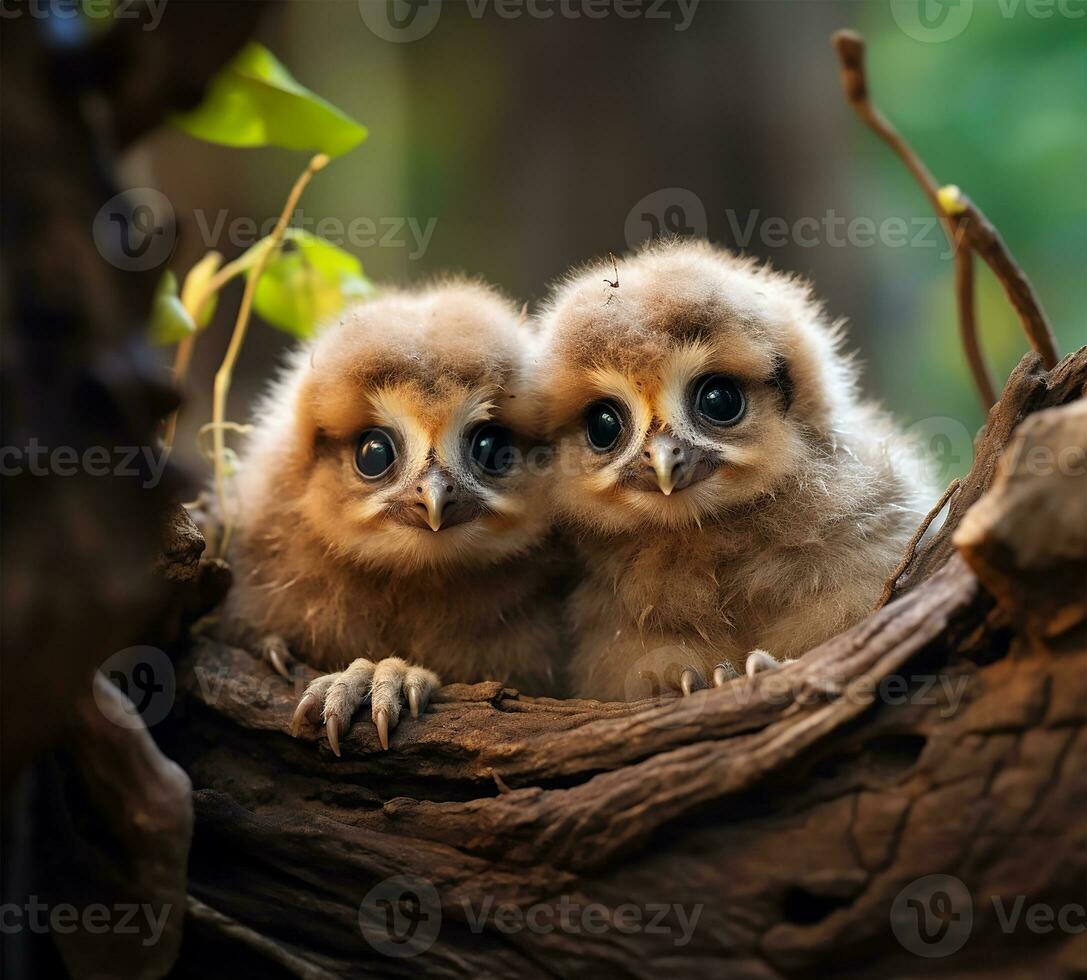 Two adorable baby owls, with wide curious eyes, peek out from the sanctuary of their tree hole nest. AI Generated photo