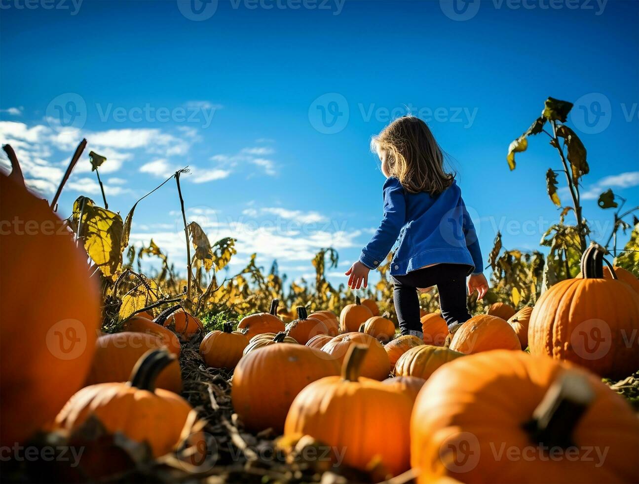 niño, inmerso en preguntarse, obras de teatro en medio de un mar de calabazas a un calabaza granja durante otoño. ai generado foto